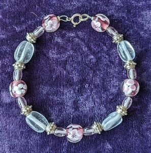 Vintage 925 Sterling Silver Bracelet With Floral Murano Glass